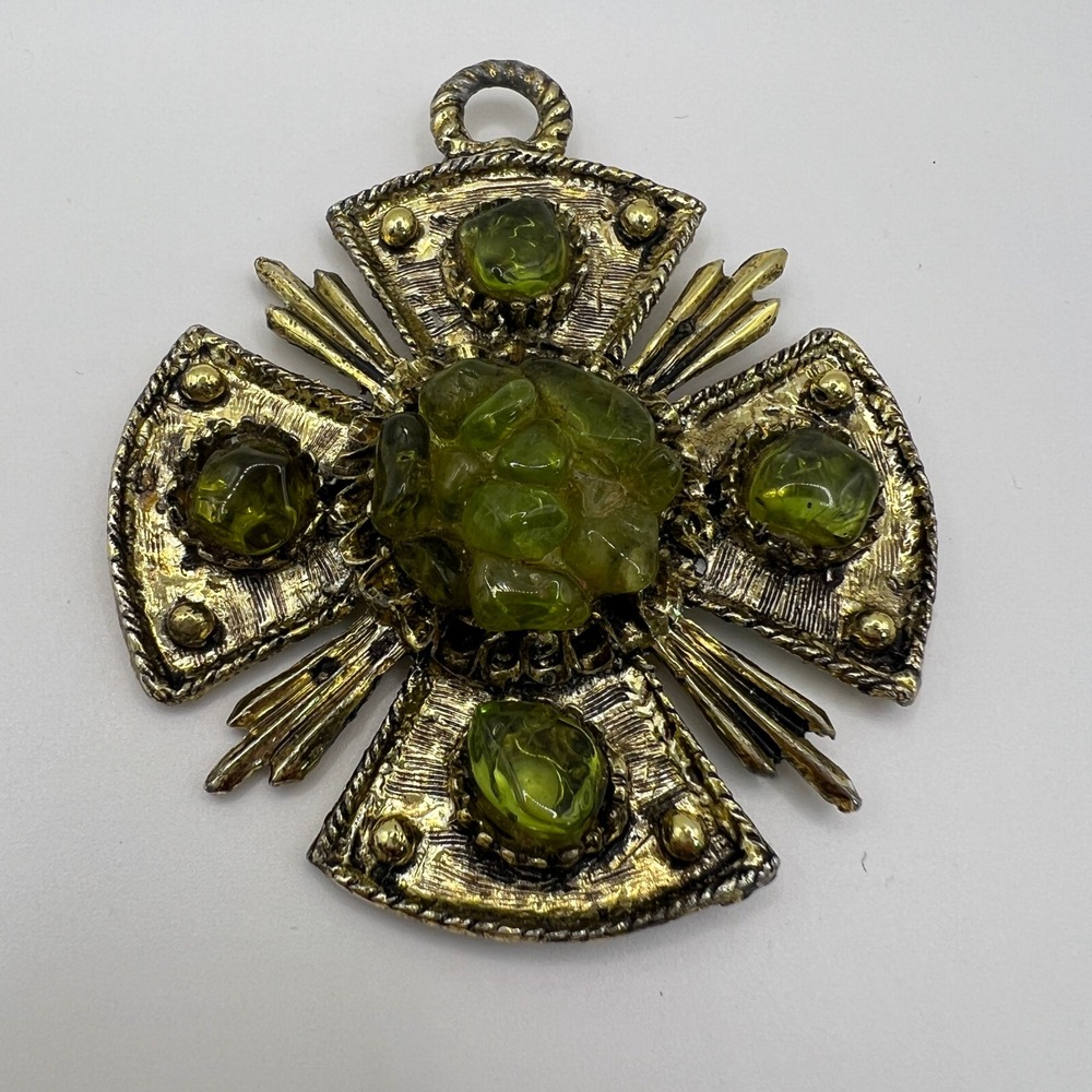 Vintage Signed Dodds Maltese Cross Pendant Green Glass Gold Tone 2.5"